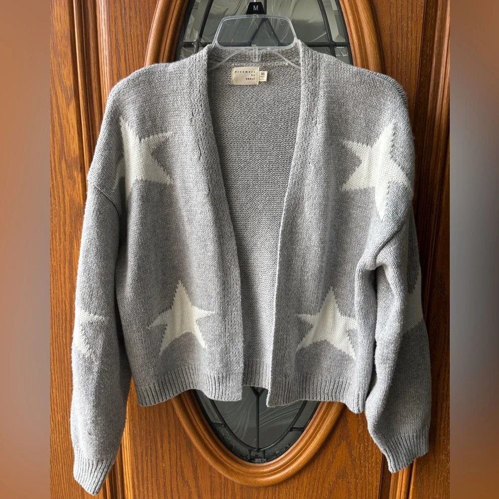 Dreamers Knit Open Front Cardigan Gray with White Stars Size X-Small - Picture 2 of 8